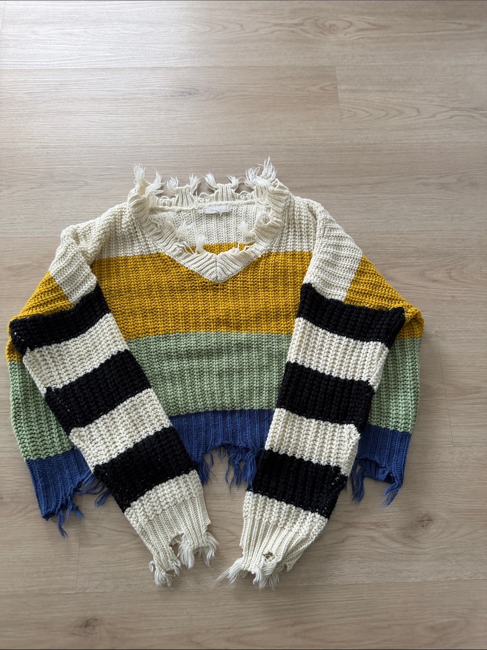 Frayed V-Neck Striped Cropped Sweater - Yellow, Green, Blue, Black, Cream M/L